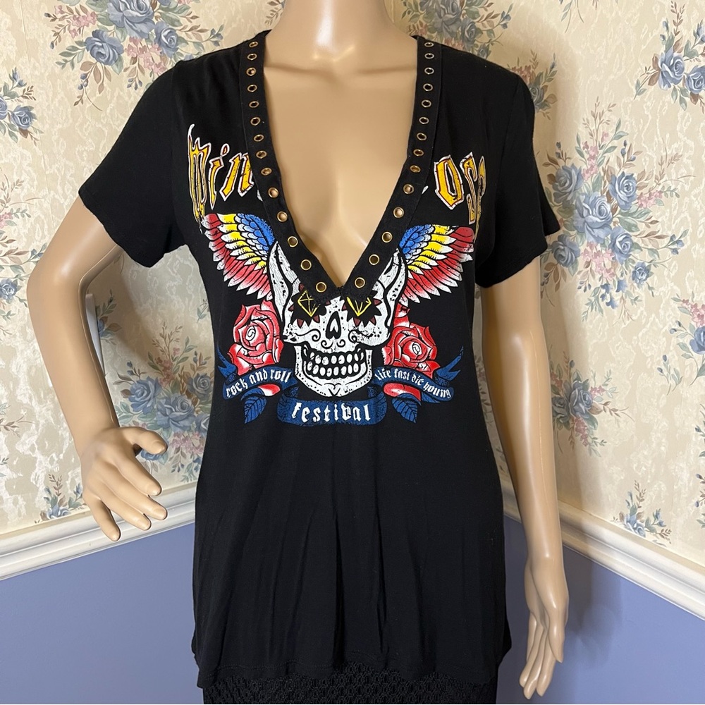 Deep Vneck Vintage Rock & Roll Festival Black Tee Tshirt, Size S
